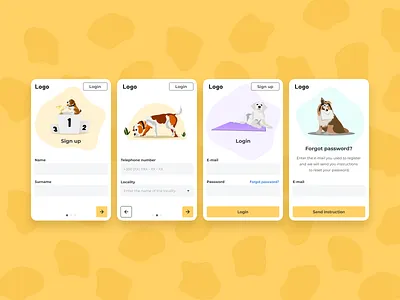 Dogs mobile app android app art design dog figma illustraion illustrator input ios login material mobile onboarding registration sign in signup stepper uiux yellow