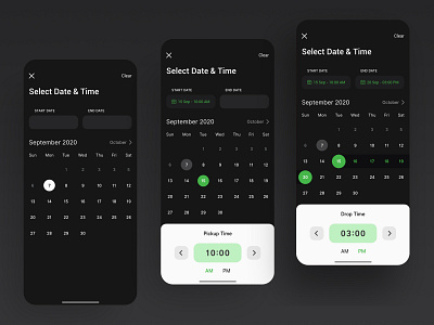 Calendar section - Two wheeler Renting App adobe xd app app design booking app calendar design calendar ui dark app dark mode dark theme dark ui design interface ios minimal mobile mobility product design ui ui design uiux