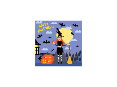 Happy Halloween poster of pumpkin on graveyard and witch.