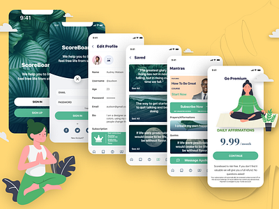 ScoreBoard Wellness and Mindfulness App app design application creative design designinpiration illustration lifestyle meditation mind mindful mindfulness mobile ui self care self help ui uiux ux wakeup yoga