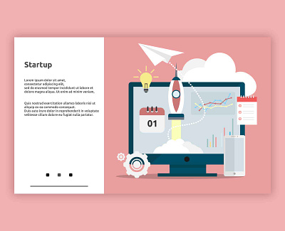 Landing Page Startup business computer concept design flat graphic illustration landingpage modern object rocket smartphone startup technology template vector