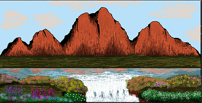 mountains+river+flowers art artwork design painting