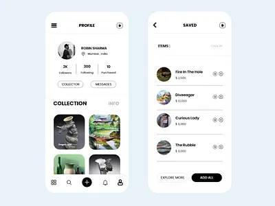 Art Gallery App - Profile UI art art gallery cart explore gallery home items message app mobile app mobile ui painting profile save saved sell shop shopping shopping app social social media