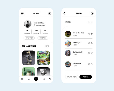 Art Gallery App - Profile UI art art gallery cart explore gallery home items message app mobile app mobile ui painting profile save saved sell shop shopping shopping app social social media