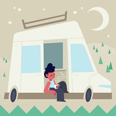 Home camper campervan caravan character chill coffee girl illustration moon relax travel van
