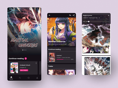 Manga reading mobile app | Main screens anime books browsing page dark ui figma frenchtech manga material design mobile app pink reading app
