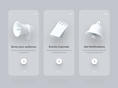 App Onboarding 3d app audience bell calendar clean design events minimal notification onboarding onboarding screens onboarding ui ui ux white