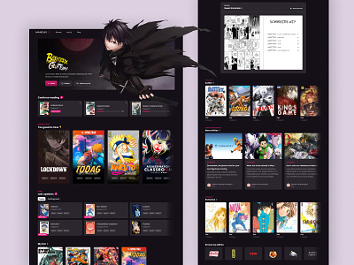 Manga reading app | Homepage anime app books browsing app dark ui figma frenchtech manga pink reading app web