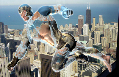 Flying Man over Neon City1 sci fi science fiction