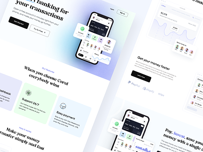 Coral - Landing page app application banking banking app card features finance fintech fintech app footer header hero hero section icons landing landing page money reviews skeleton loader website