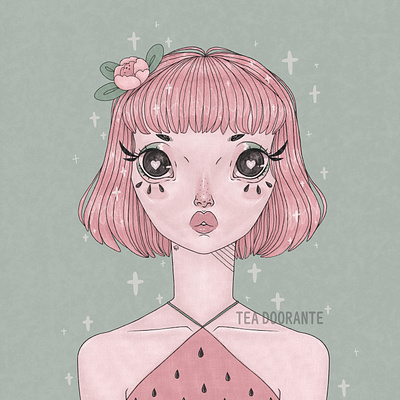 Fruitee chibi cute digital 2d digital illustration fruit kawaii lo fi portrait portrait art strawberry stylized tea doorante watermelon