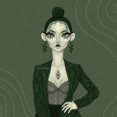 Serpentine digital 2d digital illustration dragon drawing editorial fashion fashion macabre makeup medusa portrait portrait art serpent slytherin snake stylized tea doorante third eye