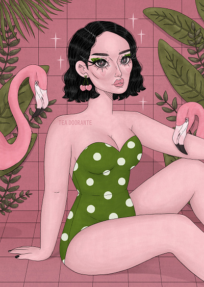 Heatwave bathing suit beach body positivity cute art digital 2d digital illustration editorial fashion fashion flamingos illustration kawaii makeup pink plants pool portrait portrait art stylized summer tea doorante