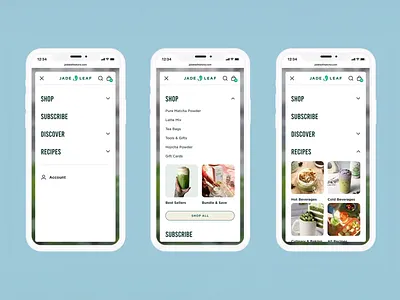 Jade Leaf Matcha Mobile Navigation ecommerce matcha mobile navigation product ui ux