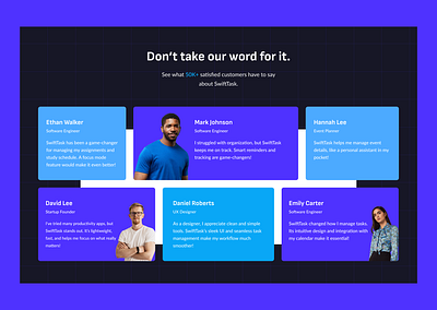 Testimonial blue design landing page task testimonial ui uiux website