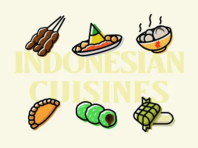 Indonesian Food Illustrations bakso cook cuisines delicious design eat food icon icons illustration indonesia ketupat klepon meatball pictogram satay snack traditional tumpeng vector