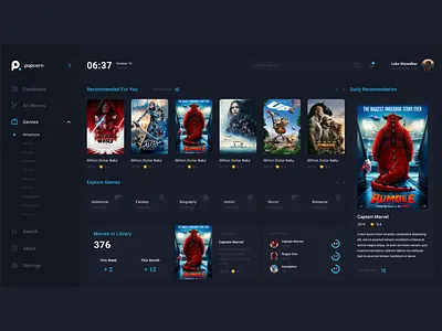 Popcorn - Movie App admin app application cinema clean dark dashboad design library model movies theme ui ux web website