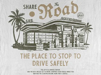 Share The Road badge design branding collaboration gas station handdrawn illustration t shirt design vintage vintage badge vintage design
