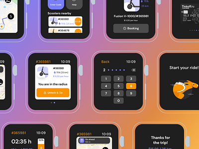 Scooter rental app of Apple watch app apple apple watch card map mobile design orange purple rent scooter watch watch design white