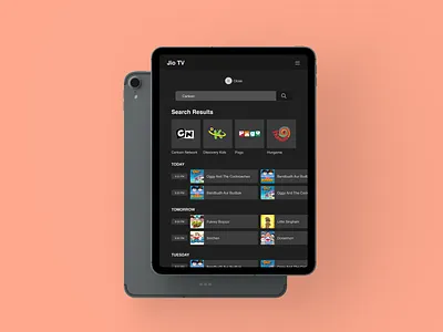 JioTV - Tablet Design | Full Page Search Results adobe xd app branding cartoon clean design druhin flat interaction jiotv minimal mobile movies schedule search tablet tv tv shows ui ux