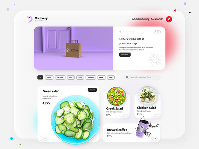 Discovery Page UI/UX Concept - Owlivery v.2 | Work in Progress 3d model blur card design coffee cup concept food food delivery homepage design minimal salad store store design ui ux ui web design website design work in progress