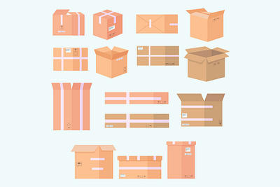 various cardboards boxes icon set flat design box cardboard cartoon packaging various