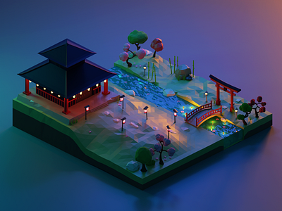 Kyoto At Dusk 3d blender illustraion isometric isometric art isometric design japan kyoto lowpoly lowpoly3d