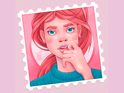 Postage stamp girl character character design funny illustration lineart picture
