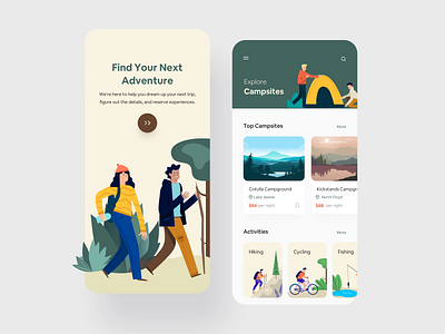 Camp Service App app art camp cards clean ui colors design flat illustration ios minimal minimalist mobile product design trekking typogaphy ui user experience design ux