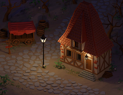 Cartoon medieval 3d 3d art ages blender cartoon dark forest house isometric light medieval road street