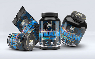 Blue Widow Supplement black blue branding ecommerce energy jar jug logo packaging powder power product shelf supplement widow