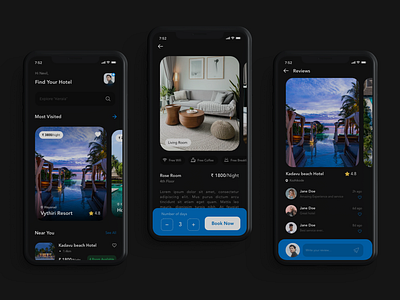 Hotel Booking App_Dark Theme amenities app black blue dark app dark mode dark theme dark ui design mobile pricing reviews ui ux visual design