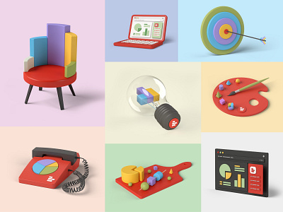 gadgets 2/3 3dart 3dillustration bulb chair cheesepie dashboard data reporting dataviz notebook palette rotary phone target