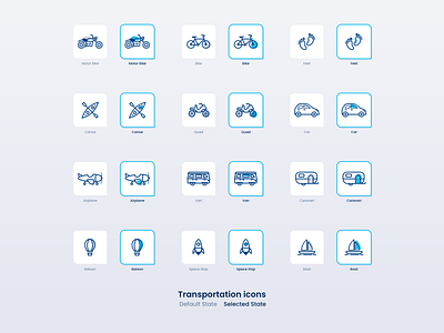 Transportation icons adobexd airplane baloon bike blue boat canoe car caravan feet icon set icons illustrator quad ship transport van vector xd