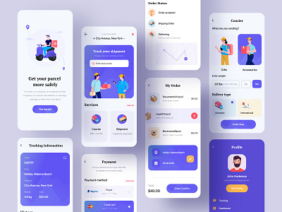 Courier Delivery Mobile Application Design box courier course app delivery delivery service design illustration interface location logistics menu mobile order product send shipment shipping stepper tracker truck