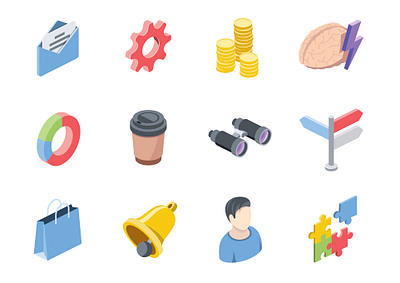 Free isometric Icons set 3d arrows bell brain charts coffee cup cog coins email flat icons illustrations isometric isometric art isometric design isometric icons puzzles user vector web