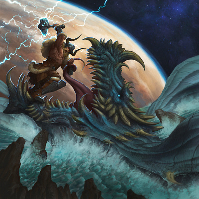 Amon Amarth Album remake amon amarth apocalypse barbarian conflict dragon epic fight fantasy illustration illustration art jormungandr procreate sea serpent thor thor ragnarok viking warrior