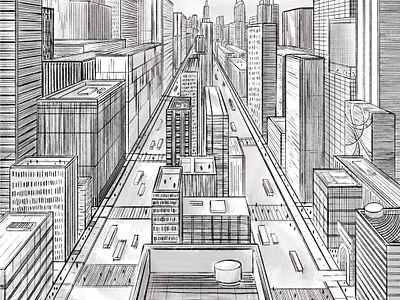 Lockdown Town architecture digital greyscale illustration one point perspective