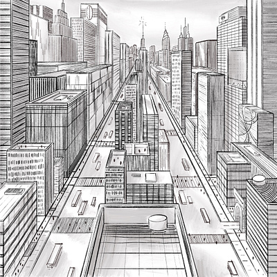 Lockdown Town architecture digital greyscale illustration one point perspective