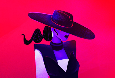 Woman under the hat black character character design color digitalart face fashion fashion illustration hat illustration photoshop purple red skin style vibrant woman