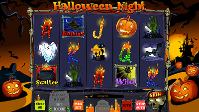 Halloween night bat black cat candle candles design fire game art game design graphic design graphic for slot graveyard halloween illustration nightmare pot pumpkin slot machine ui witch zombie