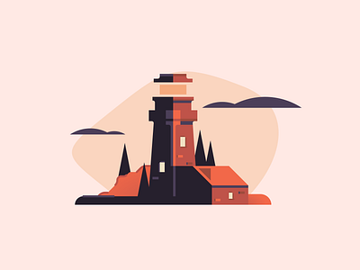 Sunset Lighthouse architecture building cloud clouds design geometric high contrast high contrast preset highcontrast house illustration lighthouse lighthouse logo maritime ocean sea seascape sunset trees warm