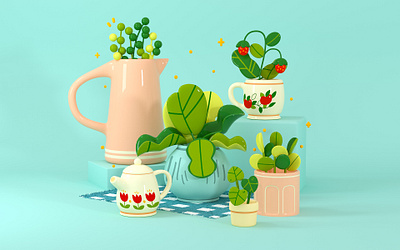 Cottagecore Illustration 3d illustration 3d rendering c4d cinema 4d fruit house plant leaf nature plants strawberry