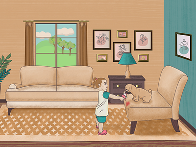 Sofi & Memo affinity designer affinity photo design dog girl character illustration livingroom pug sofa toddler