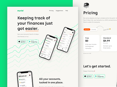 Meet Muriel 🤑 app banking banking app banking website branding finance fintech idenity landing page minimal startup tracking ui