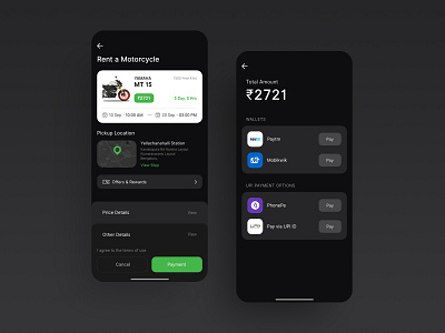 Booking section & Payment - Two wheeler Renting App adobe xd app app design booking booking app bookings dark app dark theme dark ui design interface ios mobility payment product design scooter ui design uiux