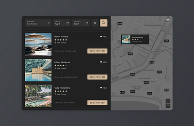 Dark Mode Hotel Booking Map UI beige book hotels branding dark app dark mode dark theme dark ui flat flatdesign hotel app hotel booking location app map rental search hotels travel traveling ui uidesign uiux