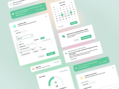 Salesdash UI Elements 🔘 activity calendar components crm dashboard deal figma green modal roboto saas salesdash target task ui vindar web design window