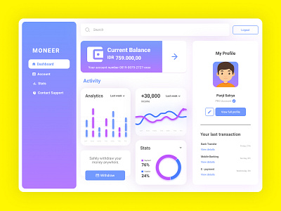 Moneer E-Wallet Web Design UI 2020 trend 2020 ui trends animation charts clean dashboard ui design e commerce e wallet ios app minimal mobile design mobile ui modern typography ui design web app design web design website design