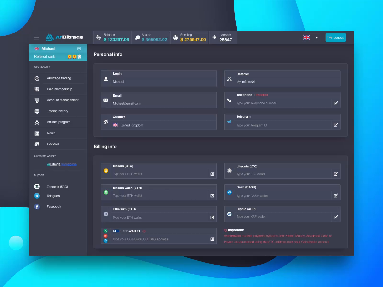 User Panel Settings Page for ArBitrage Crypto Trading Platform by Extej UI  UX Design Agency on Dribbble